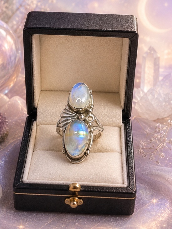 925 Sterling Silver Jewelry - Ring Genuine Double Moonstone 925 Sterling Silver Bright Blue Flash